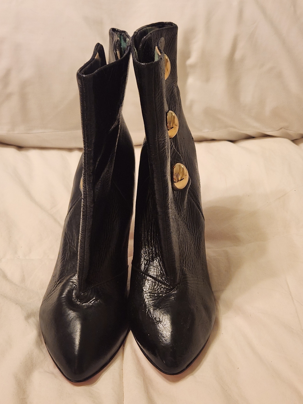 Betsey Johnson Black Pointed Toe Ankle Boots with Gold Button Accents